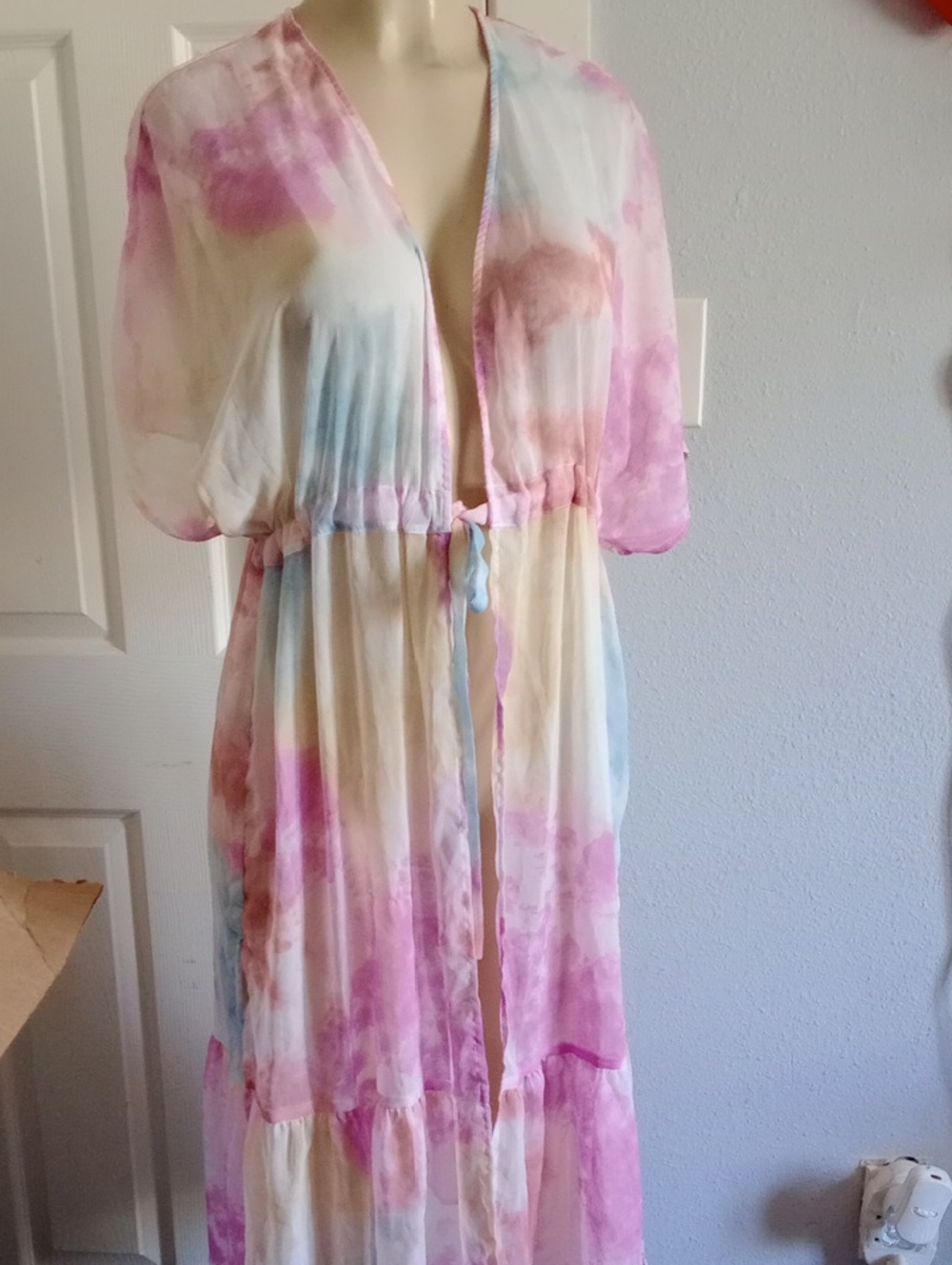 Women's Pink Tie-Dye Maxi Dress with V-Neck and Waist Tie